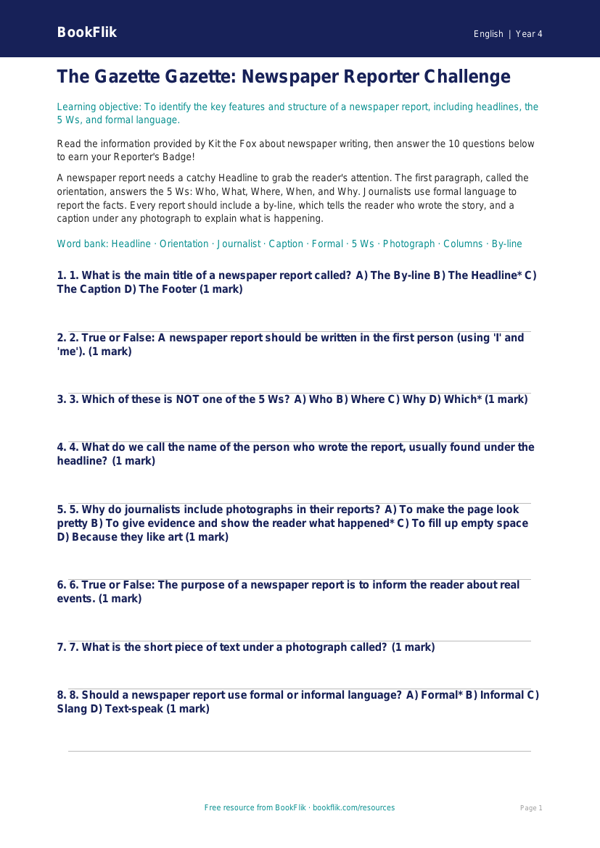 Free Newspaper Writing Quiz | Year 4 | English | BookFlik worksheet preview — English Newspaper Writing