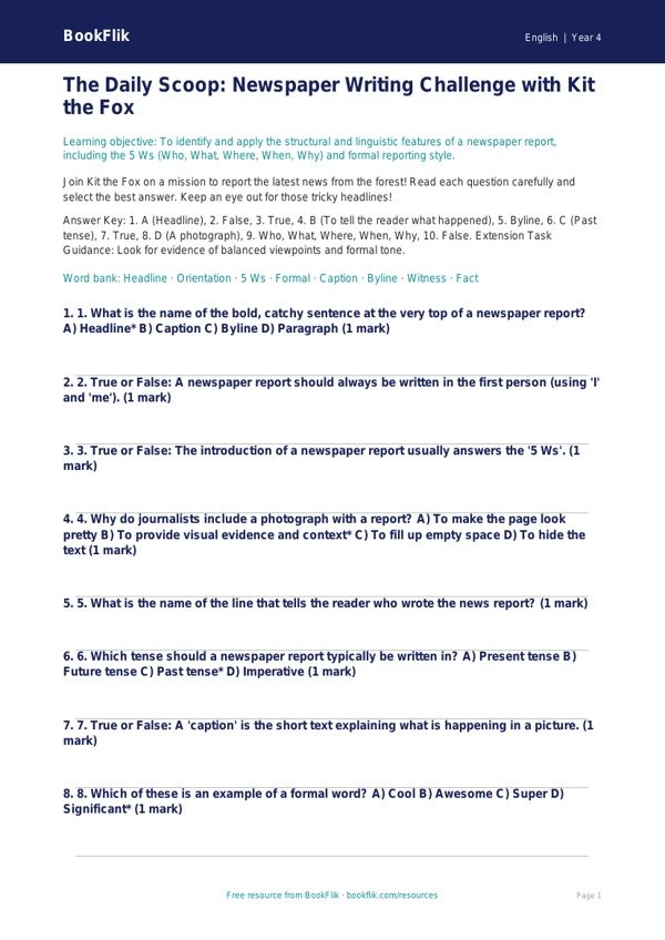 Free Newspaper Writing Quiz | Year 4 | English | BookFlik worksheet preview — English Newspaper Writing