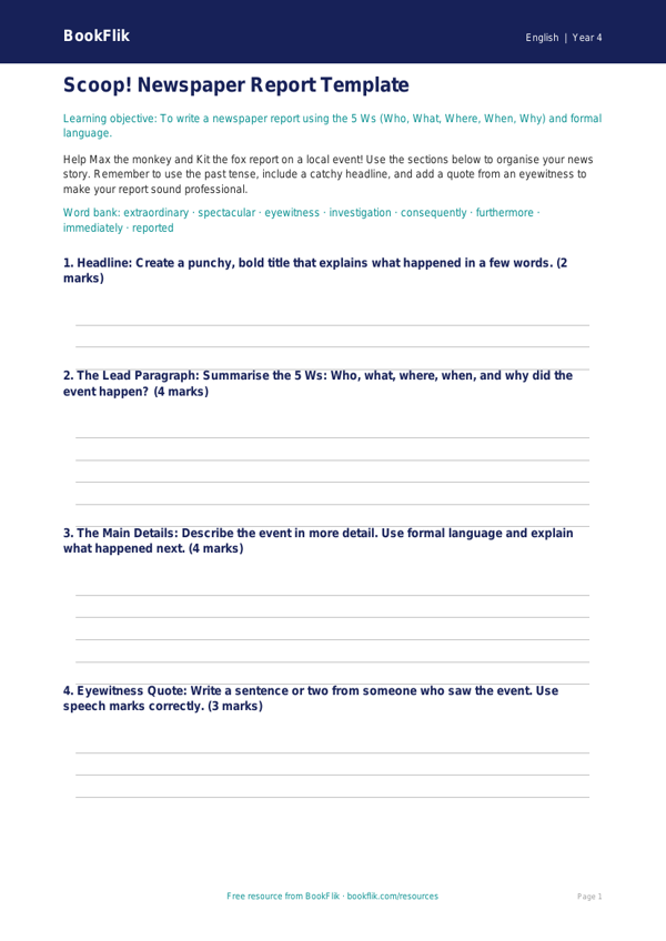 Free Newspaper Writing Template | Year 4 | English | BookFlik worksheet preview — English Newspaper Writing