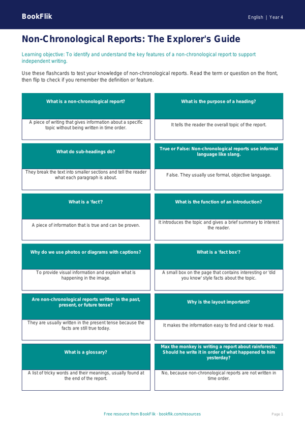 English non chronological reports flashcards year 4 core worksheet preview — English Non Chronological Reports
