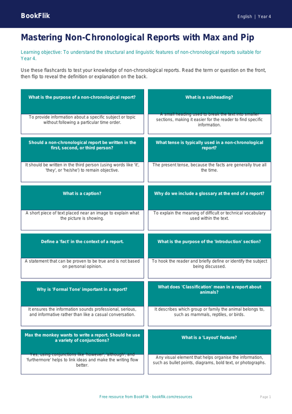Free Non-Chronological Reports Flashcards | Year 4 English | BookFlik worksheet preview β English Non Chronological Reports