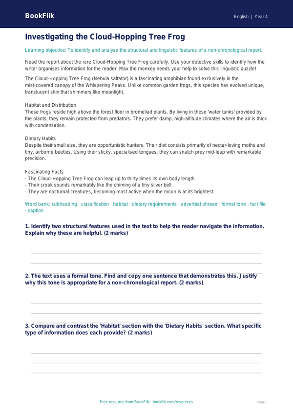 Free Non-Chronological Reports Track Sheet | Year 4 | English | BookFlik worksheet preview — English Non Chronological Reports
