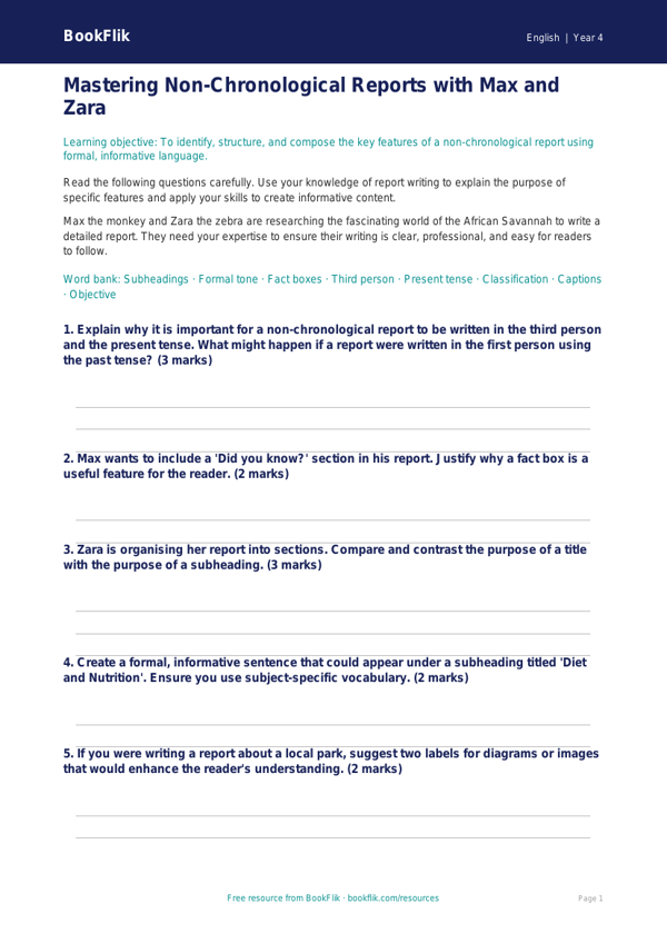 Free Non Chronological Reports Worksheet | Year 4 | English | BookFlik worksheet preview — English Non Chronological Reports