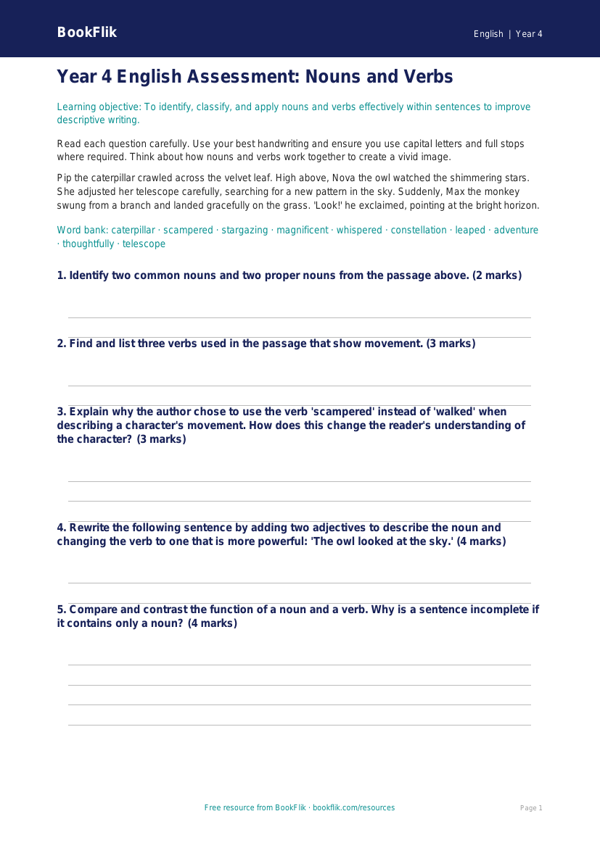 Free Nouns And Verbs Assessment | Year 4 | English | BookFlik worksheet preview — English Nouns And Verbs