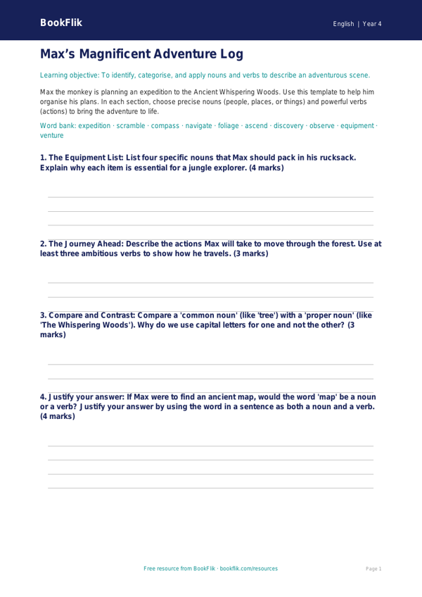 Free Nouns And Verbs Template | Year 4 | English | BookFlik worksheet preview — English Nouns And Verbs