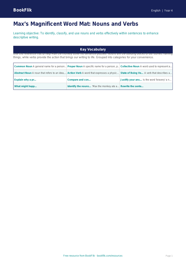Free Nouns And Verbs Word Mat | Year 4 | English | BookFlik worksheet preview — English Nouns And Verbs