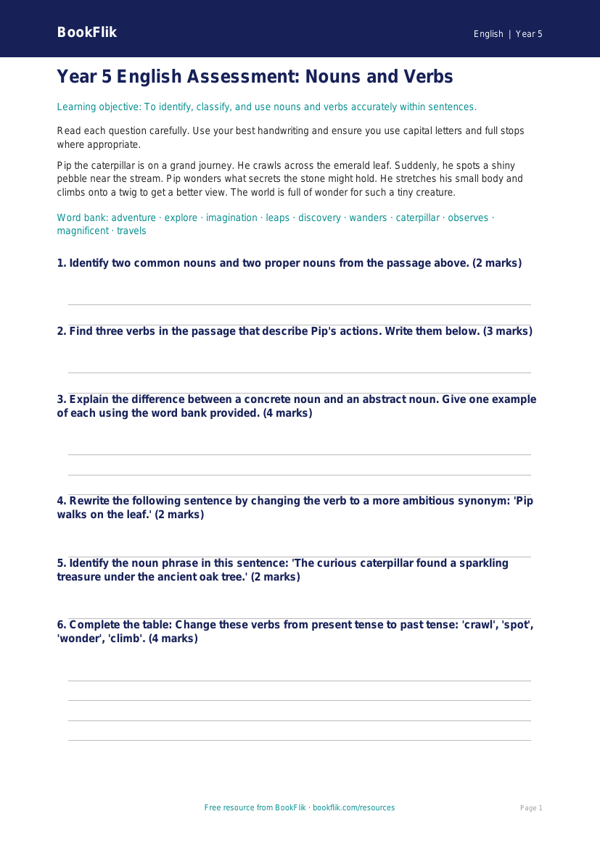 Free Nouns And Verbs Assessment | Year 5 | English | BookFlik worksheet preview — English Nouns And Verbs