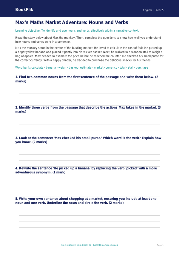 Free Nouns And Verbs Track Sheet | Year 5 | English | BookFlik worksheet preview — English Nouns And Verbs
