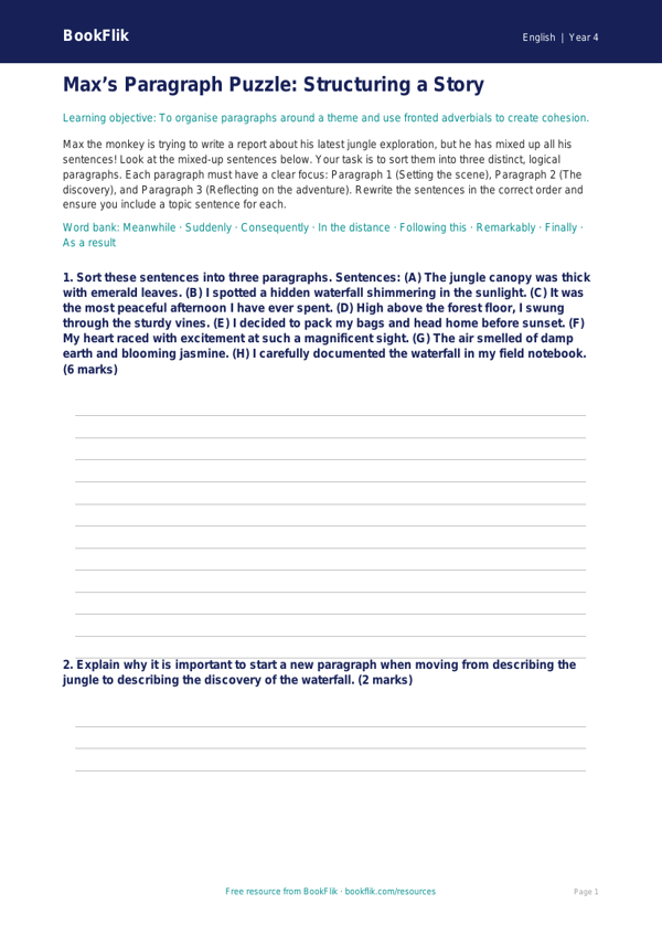 Free Paragraphs Activity Sheet | Year 4 | English | BookFlik worksheet preview — English Paragraphs