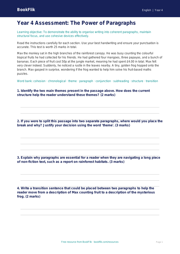Free Paragraphs Assessment | Year 4 | English | BookFlik worksheet preview — English Paragraphs