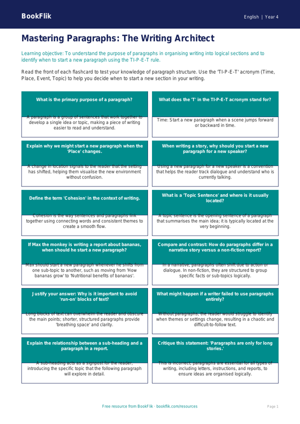 Free Paragraphs Flashcards | Year 4 | English | BookFlik worksheet preview — English Paragraphs