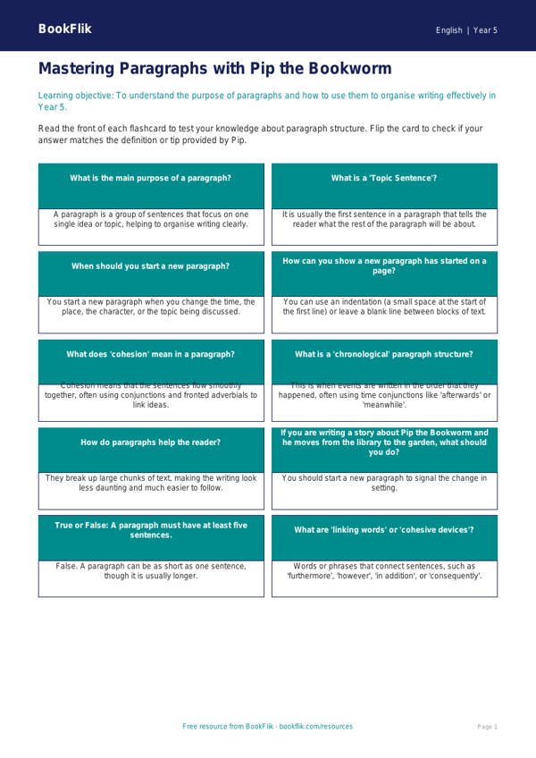 Paragraphs Flashcards Year 5 | English Resource | BookFlik worksheet preview — English Paragraphs