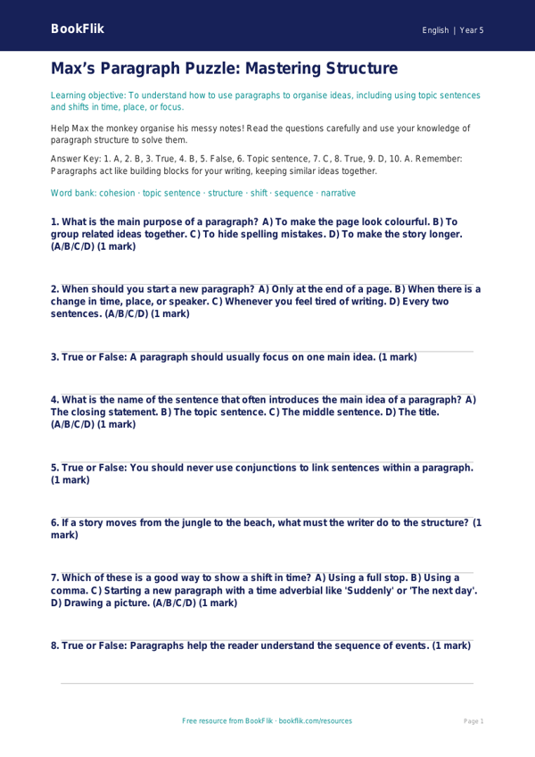Free Paragraphs Quiz | Year 5 | English | BookFlik worksheet preview — English Paragraphs
