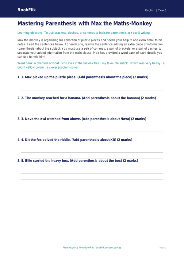 Free Parenthesis Activity Sheet | Year 5 | English | BookFlik worksheet preview — English Parenthesis