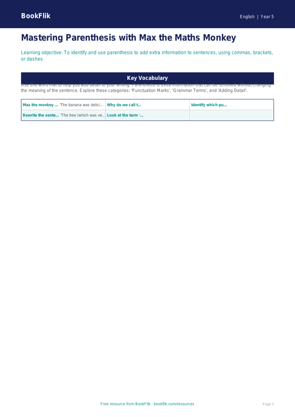 Free Parenthesis Word Mat | Year 5 | English | BookFlik worksheet preview — English Parenthesis