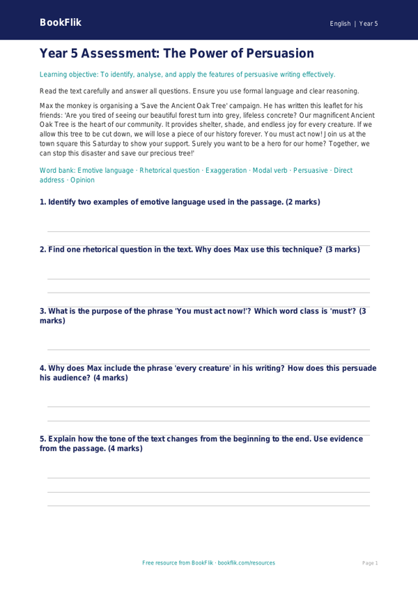Free Persuasive Writing Assessment | Year 5 | English | BookFlik worksheet preview — English Persuasive Writing
