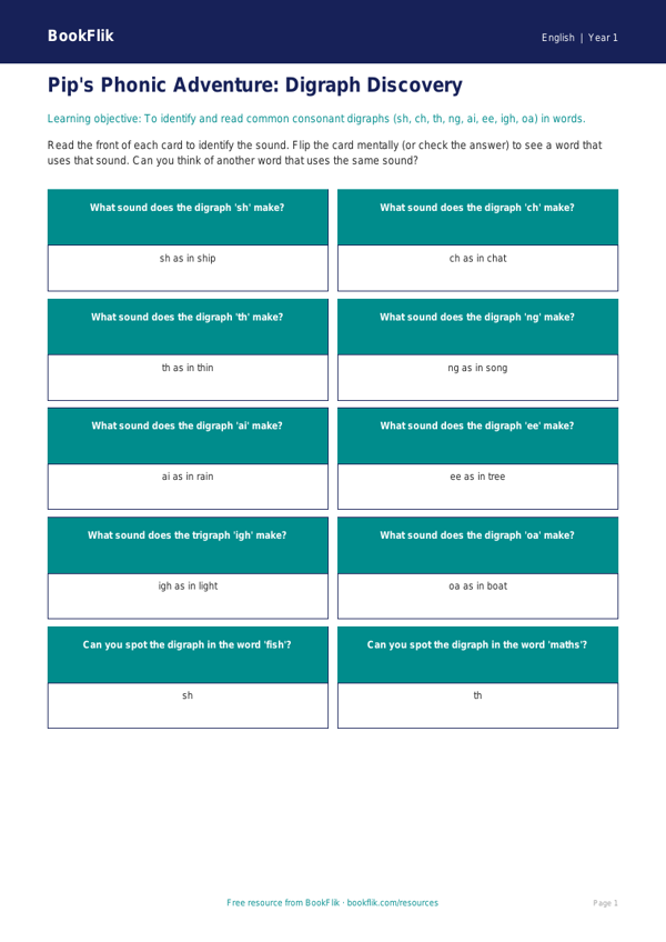 Free Phonics Flashcards | Year 1 | English | BookFlik worksheet preview — English Phonics