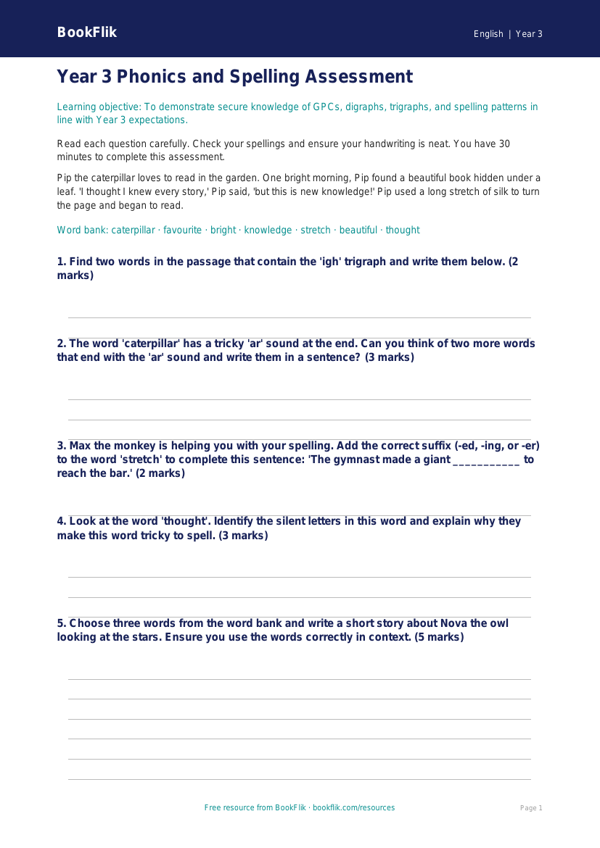 Year 3 Phonics Assessment Worksheet | Australian Curriculum | BookFlik worksheet preview — English Phonics