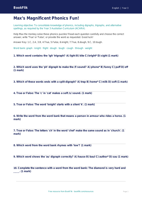 Year 3 Phonics Quiz: Australian Curriculum English | BookFlik worksheet preview — English Phonics