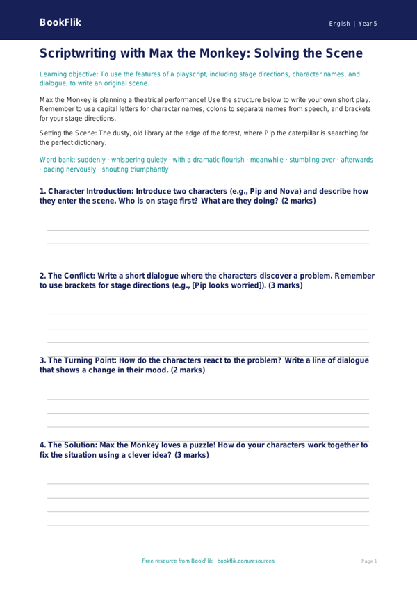 Free Playscripts Writing Frame | Year 5 | English | BookFlik worksheet preview — English Playscripts