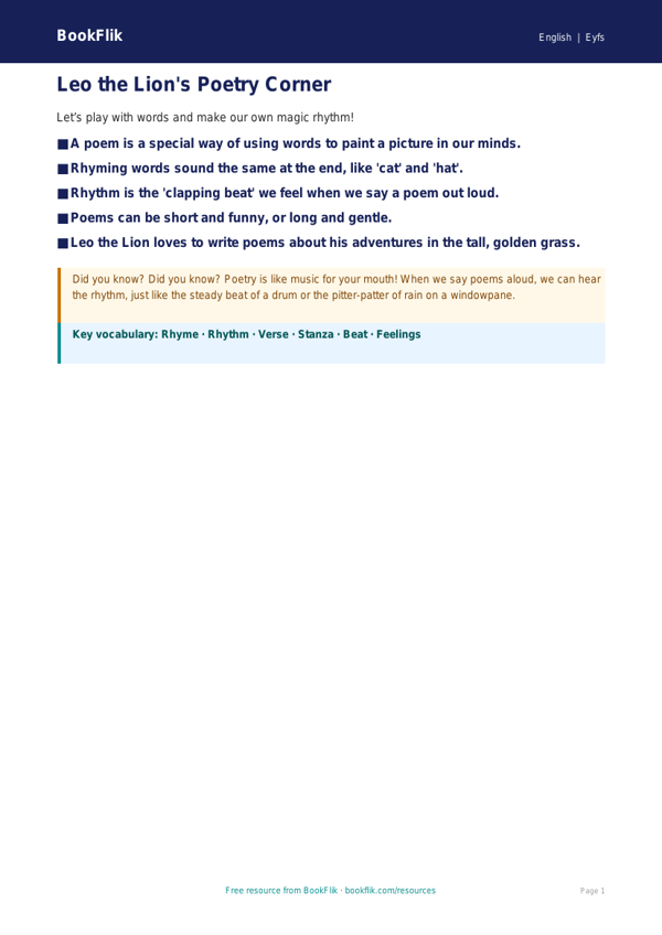Free Poetry Poster | Foundation | English | BookFlik worksheet preview — English Poetry