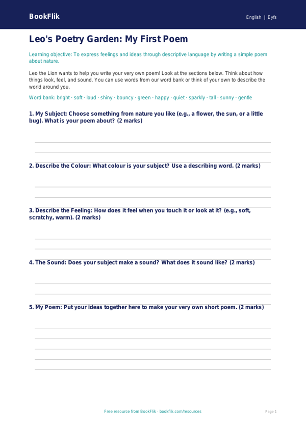 Free Poetry Template | Foundation | English | BookFlik worksheet preview — English Poetry