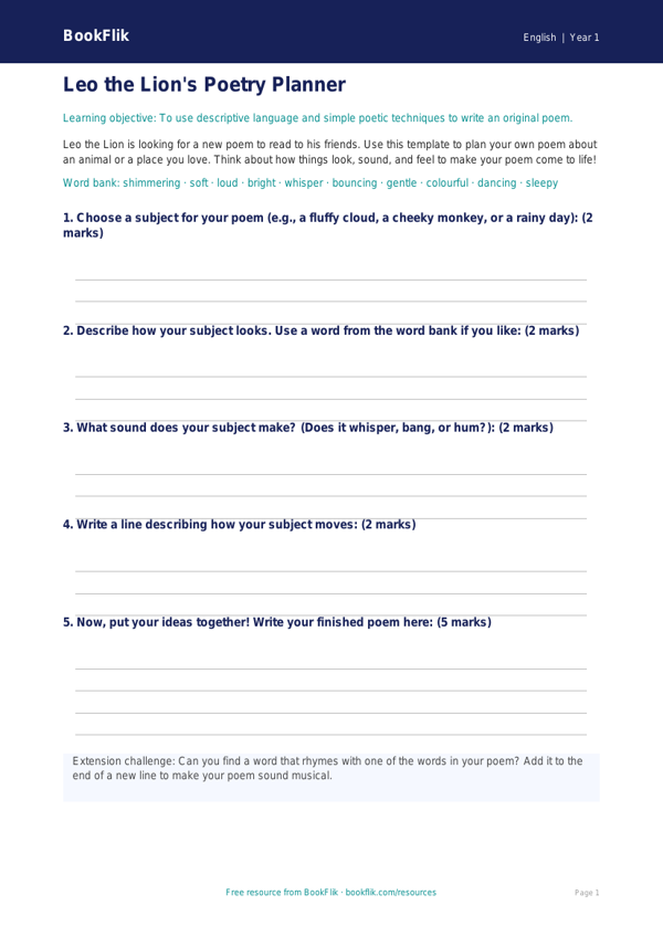 Free Poetry Template | Year 1 | English | BookFlik worksheet preview — English Poetry