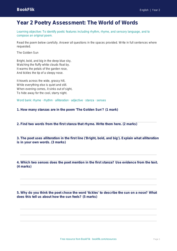 Poetry Assessment Year 2 Free | Australian Curriculum | BookFlik worksheet preview — English Poetry
