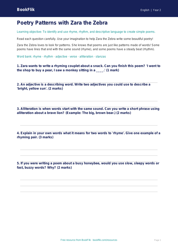 Free Poetry Worksheet | Year 2 | English | BookFlik worksheet preview — English Poetry