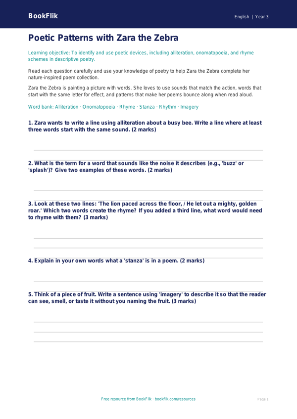 Free Poetry Worksheet | Year 3 | English | BookFlik worksheet preview — English Poetry