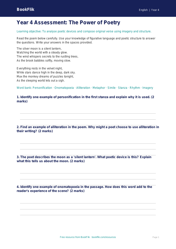 Free Poetry Assessment | Year 4 | English | BookFlik worksheet preview — English Poetry