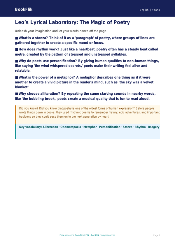 Free Poetry Poster | Year 4 | English | BookFlik worksheet preview — English Poetry