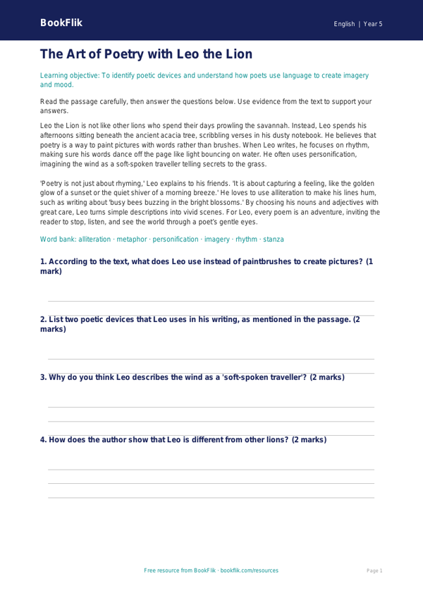 Free Poetry Comprehension | Year 5 | English | BookFlik worksheet preview — English Poetry