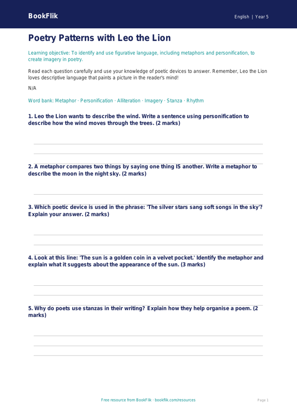Free Poetry Worksheet | Year 5 | English | BookFlik worksheet preview — English Poetry