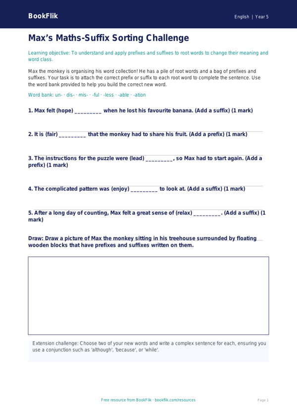 Free Prefixes And Suffixes Activity Sheet | Year 5 | English | BookFlik worksheet preview — English Prefixes And Suffixes