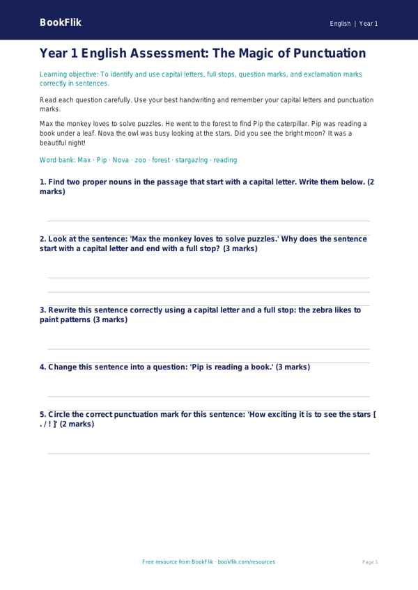 Free Punctuation Assessment | Year 1 | English | BookFlik worksheet preview — English Punctuation