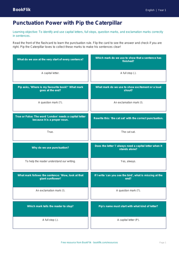 Free Punctuation Flashcards | Year 1 | English | BookFlik worksheet preview — English Punctuation