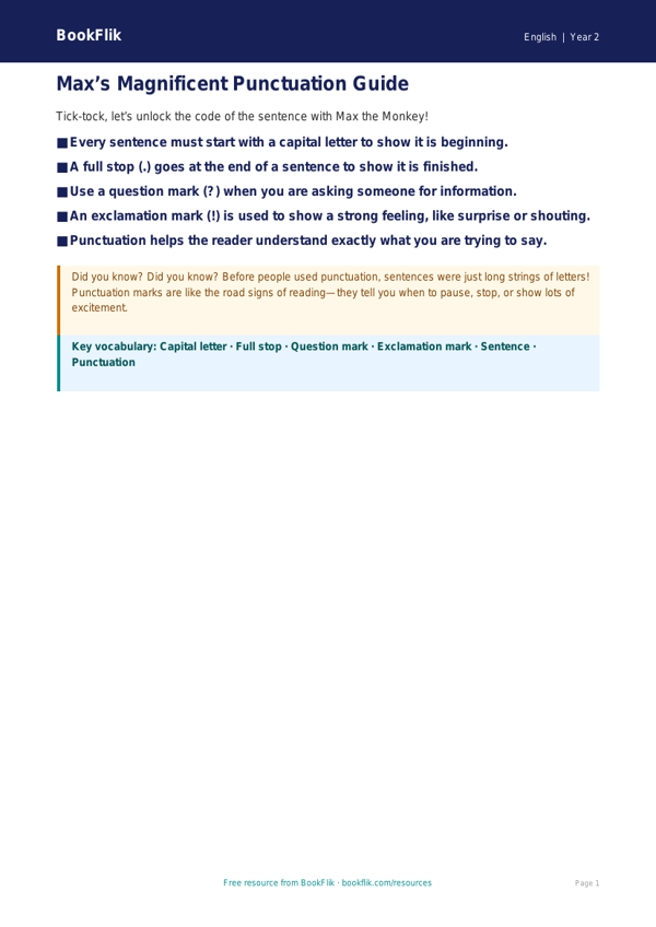 Free Punctuation Poster | Year 2 | English | BookFlik worksheet preview — English Punctuation