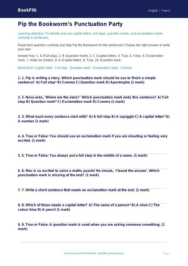 Free Punctuation Quiz | Year 2 | English | BookFlik worksheet preview — English Punctuation