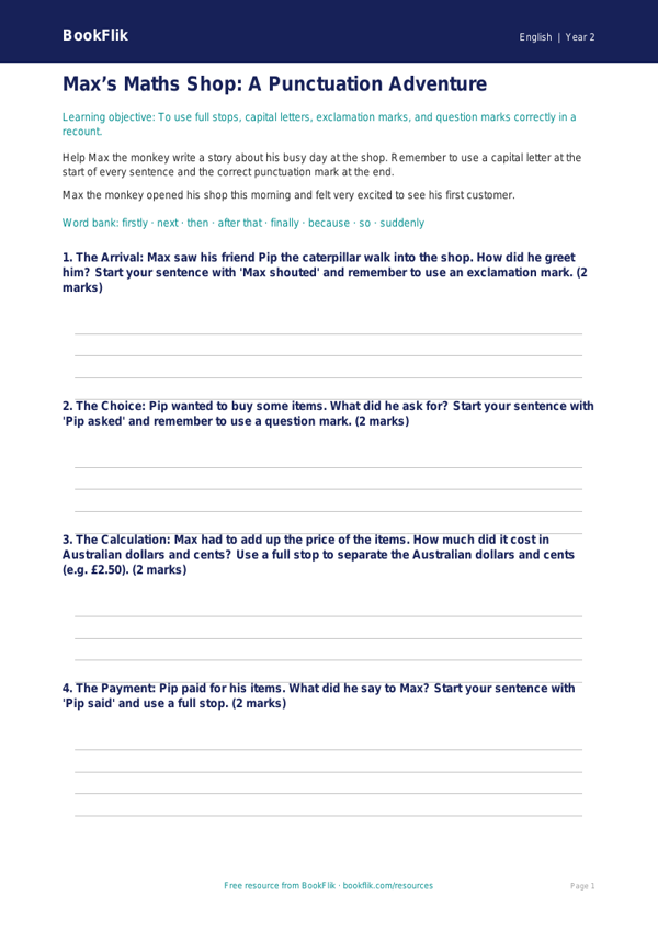 Free Punctuation Writing Frame | Year 2 | English | BookFlik worksheet preview — English Punctuation