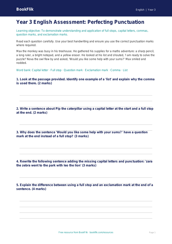 Free Punctuation Assessment | Year 3 | English | BookFlik worksheet preview — English Punctuation