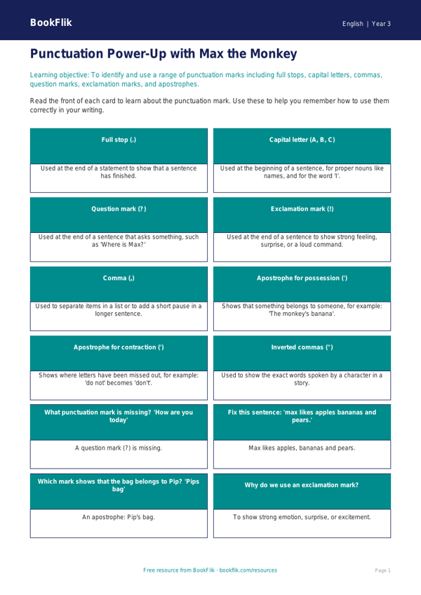 Free Punctuation Flashcards | Year 3 | English | BookFlik worksheet preview — English Punctuation