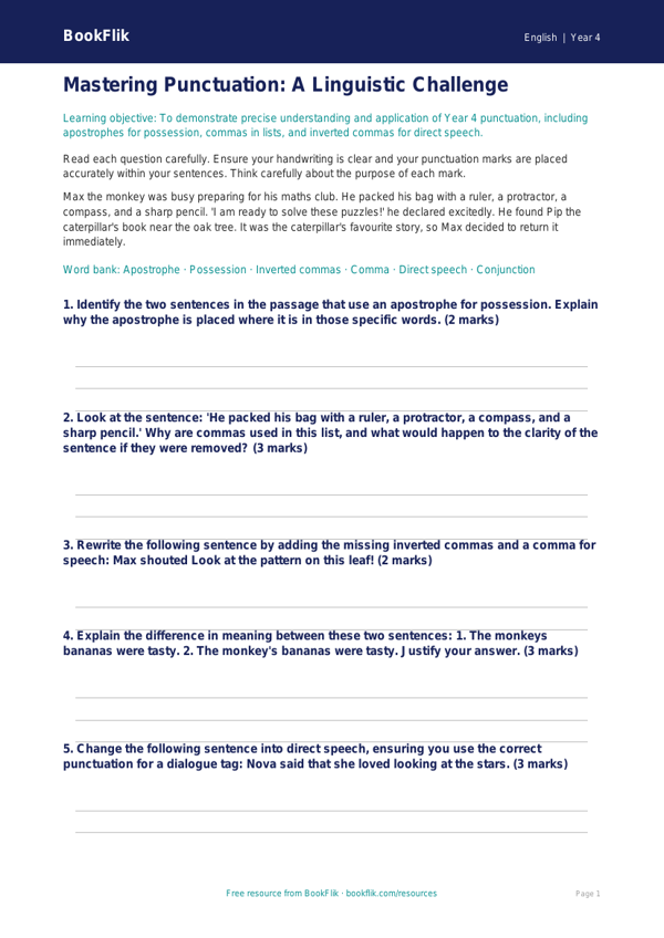 Free Punctuation Assessment | Year 4 | English | BookFlik worksheet preview — English Punctuation