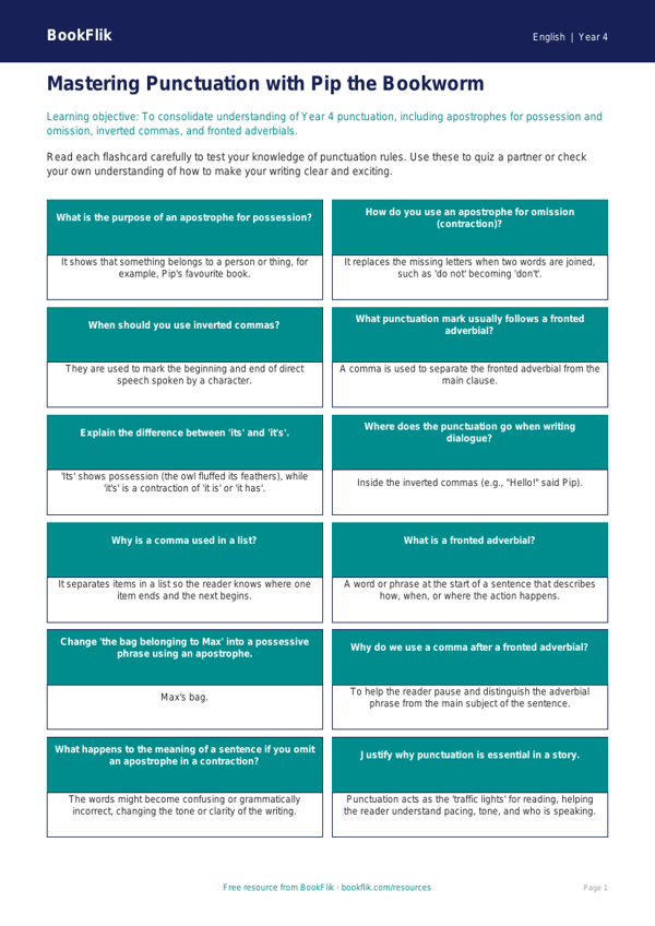 Free Punctuation Flashcards | Year 4 | English | BookFlik worksheet preview — English Punctuation