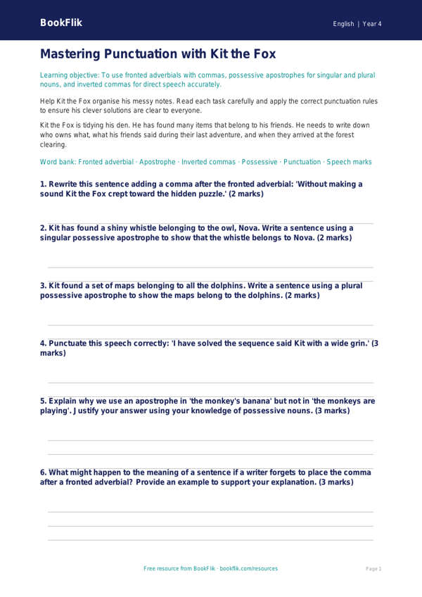 English punctuation worksheet year 4 greater depth worksheet preview — English Punctuation