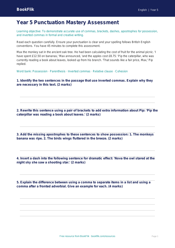 Free Punctuation Assessment | Year 5 | English | BookFlik worksheet preview — English Punctuation