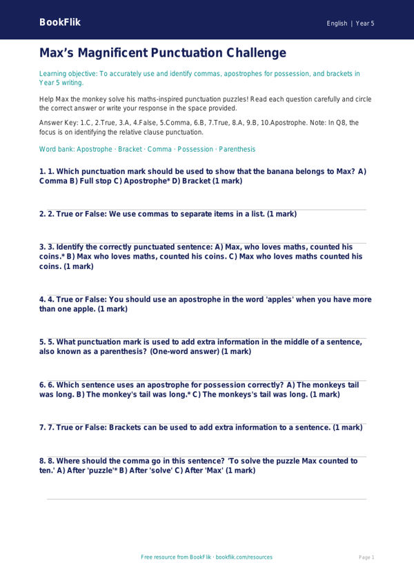 Free Punctuation Quiz | Year 5 | English | BookFlik worksheet preview — English Punctuation