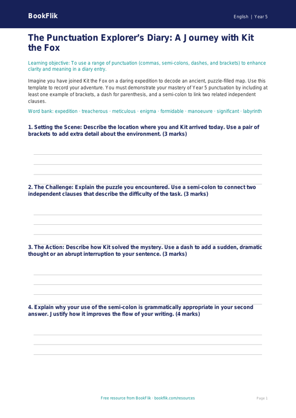 Free Punctuation Template | Year 5 | English | BookFlik worksheet preview — English Punctuation