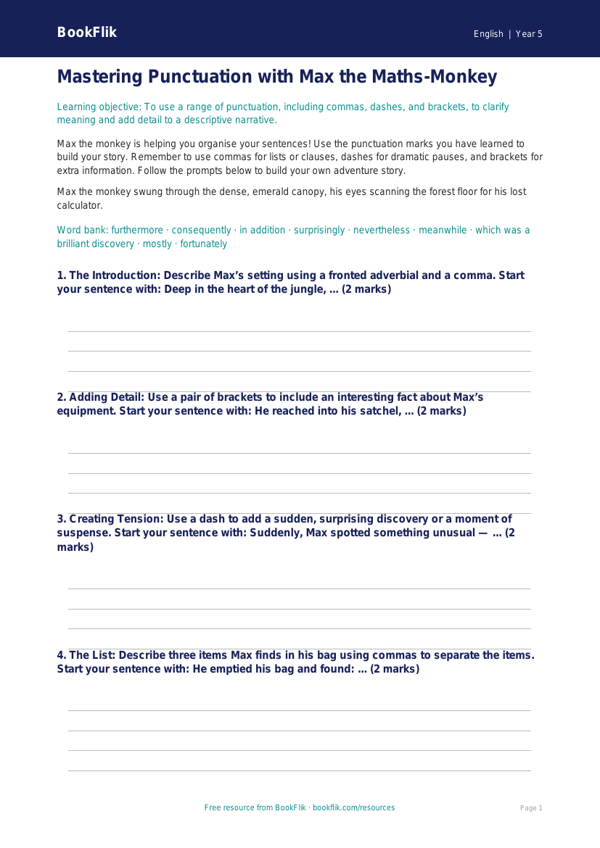 Free Punctuation Writing Frame | Year 5 | English | BookFlik worksheet preview — English Punctuation