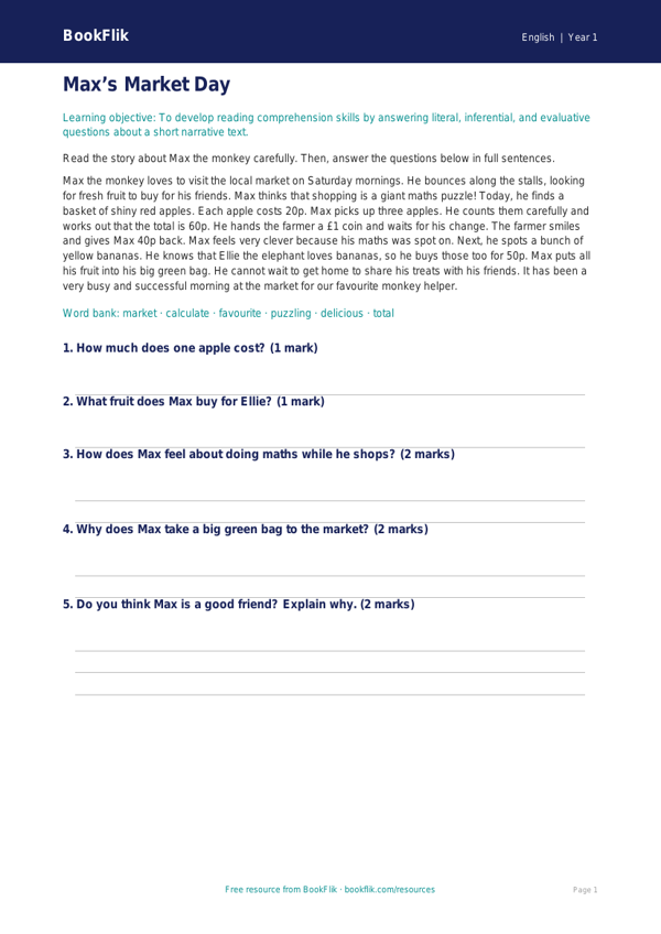 Free Reading Comprehension Year 1 | Australian Curriculum | BookFlik worksheet preview — English Reading Comprehension